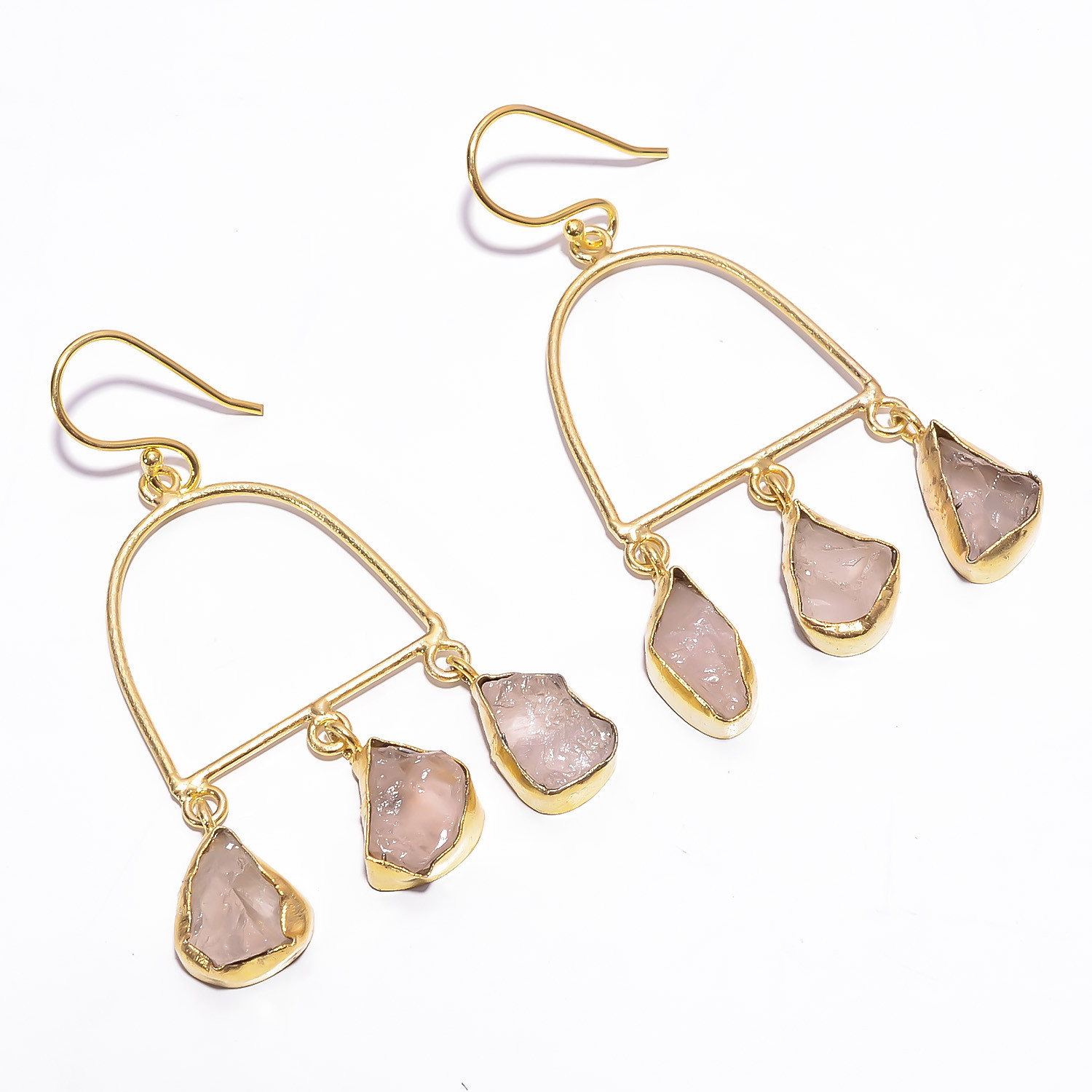 18K Gold Plated Earrings Natural Rough Rose Quartz Gemstone Hook Earrings