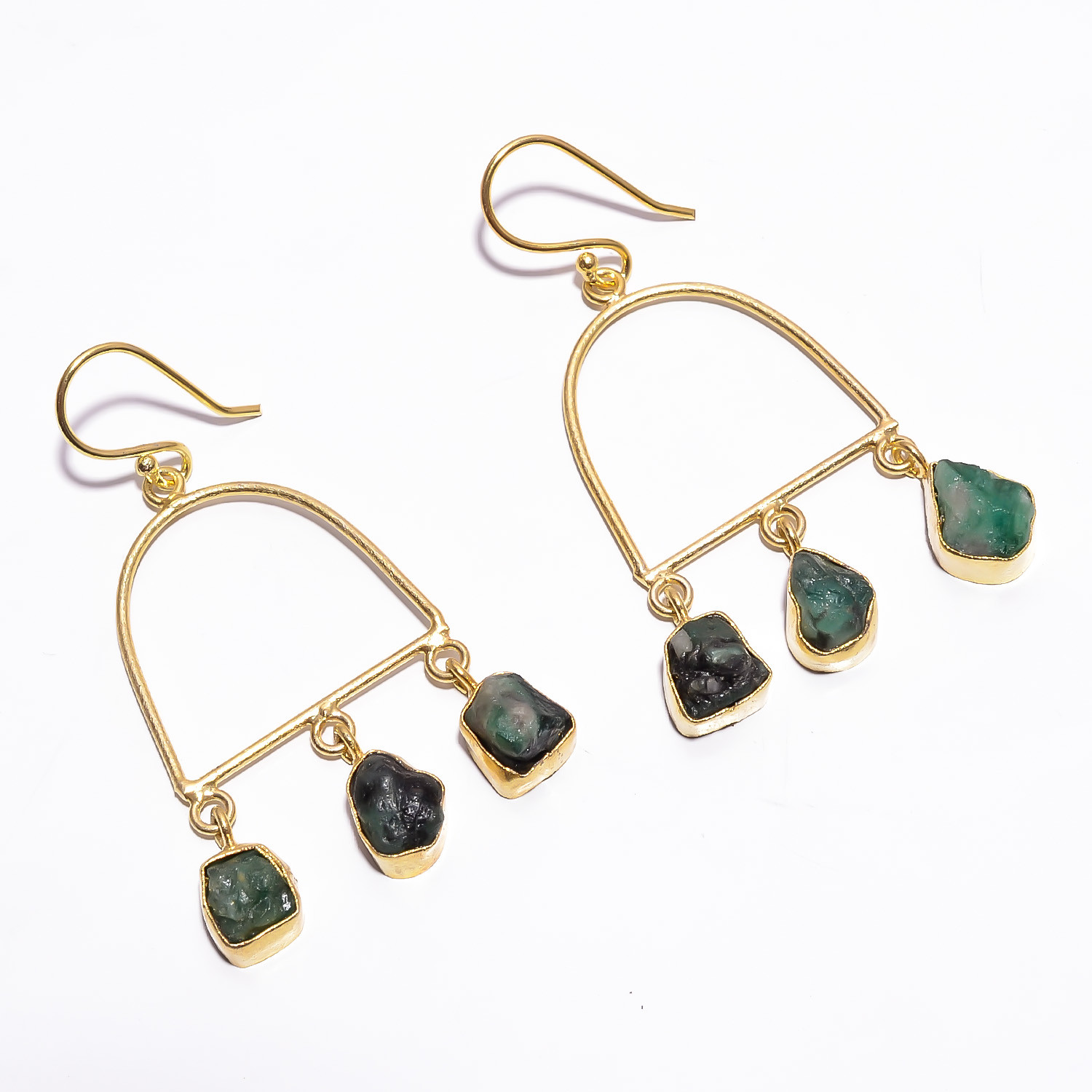 18K Gold Plated Earrings Natural Rough Emerald Gemstone Drop Earrings