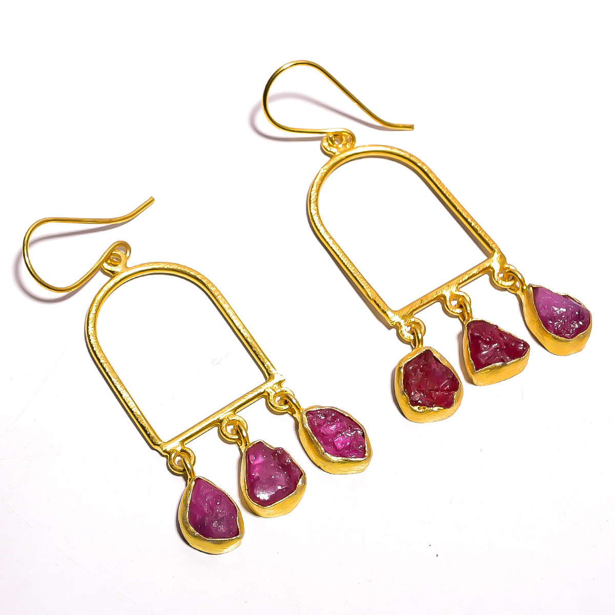 18K Gold Plated Earrings Natural Rough Ruby Gemstone Dangle Earrings