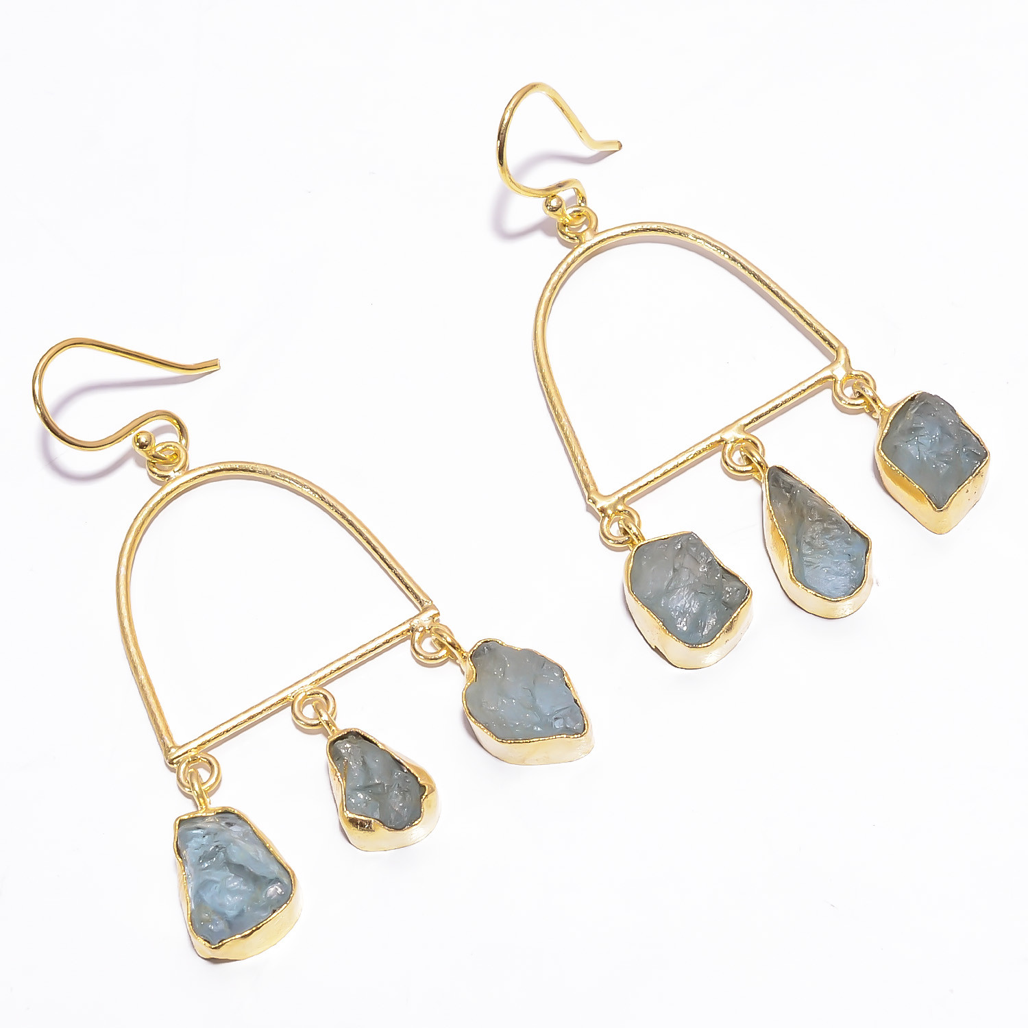 18K Gold Plated Earrings Natural Rough Aquamarine Gemstone Hook Earrings