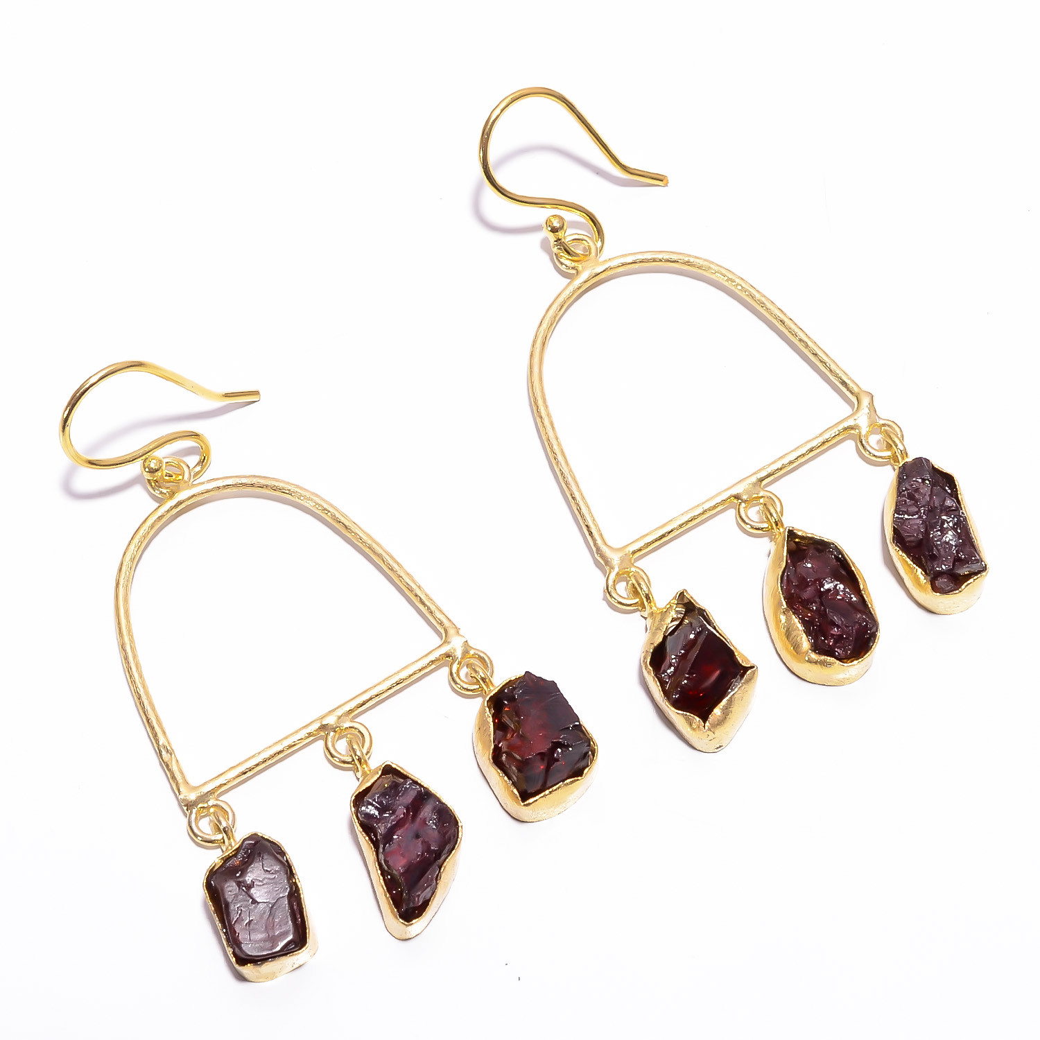 18K Gold Plated Earrings Natural Rough Garnet Gemstone Drop Earrings