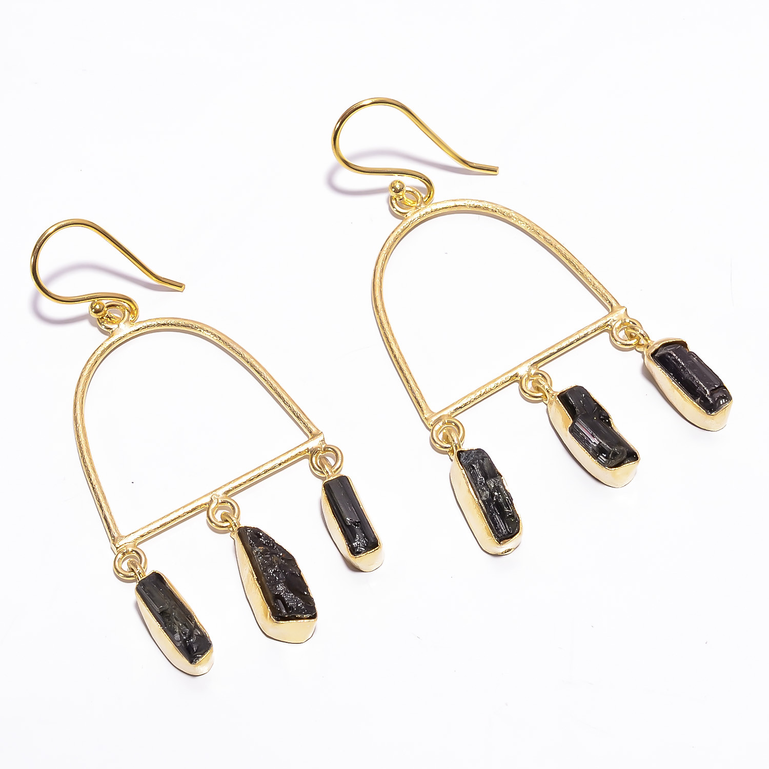 18K Gold Plated Earrings Natural Rough Black Tourmaline Gemstone Hook Earrings