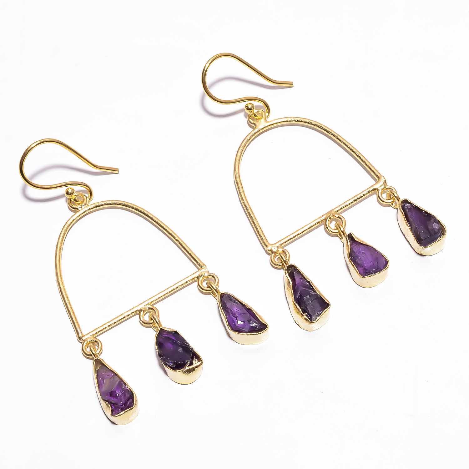 18K Gold Plated Earrings Natural Rough Amethyst Gemstone Dangle Earrings