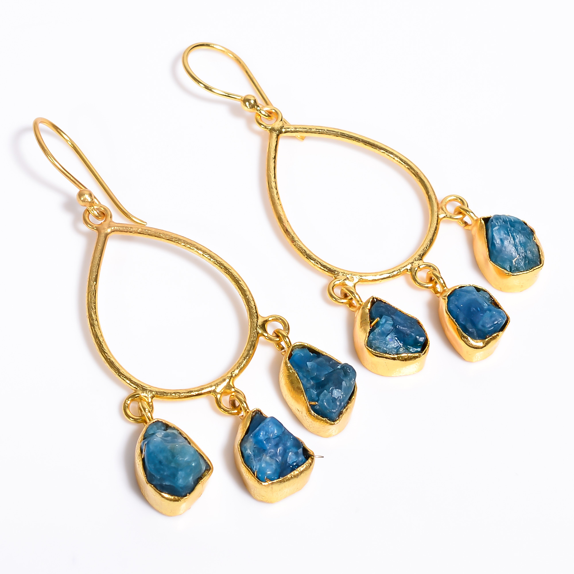 18K Gold Plated Brass Earrings Natural Rough Neon Apatite Gemstone Dangle Earrings