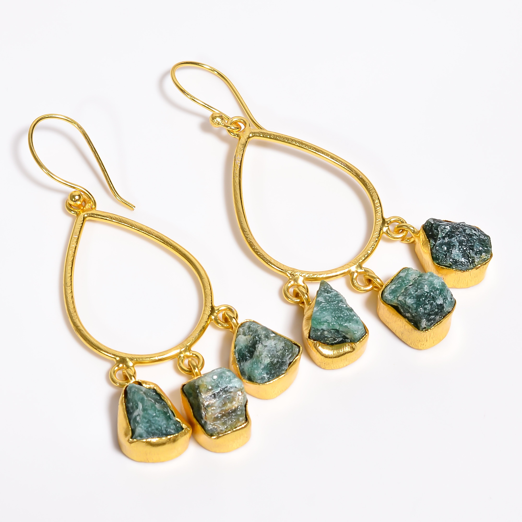 18K Gold Plated Earrings Natural Raw Green Aventurine Gemstone Hook Earrings