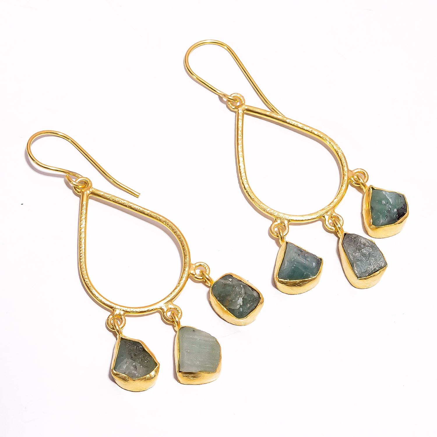 18K Gold Plated Earrings Natural Rough Emerald Gemstone Dangle Earrings