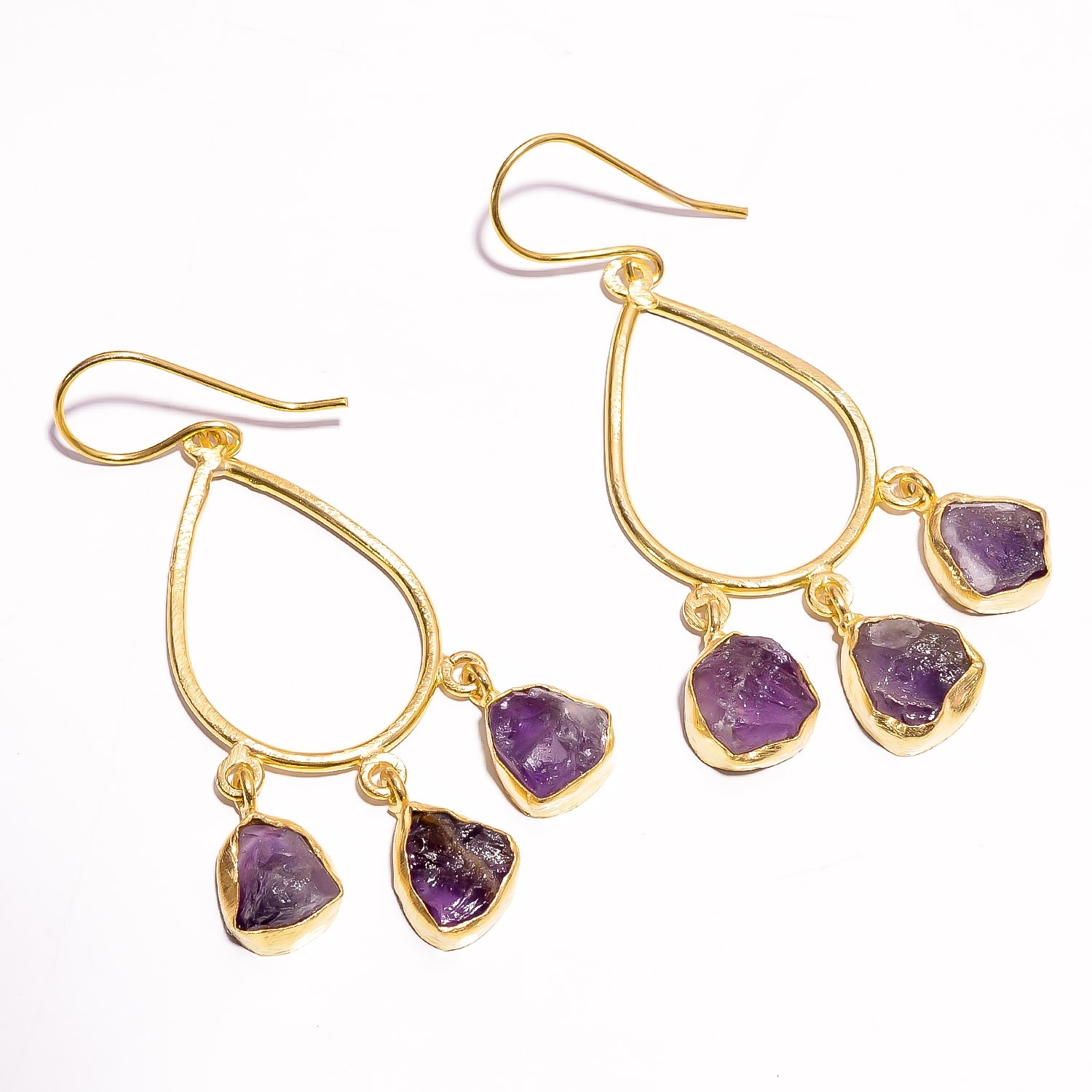 18K Gold Plated Earrings Natural Rough Amethyst Gemstone Hook Earrings