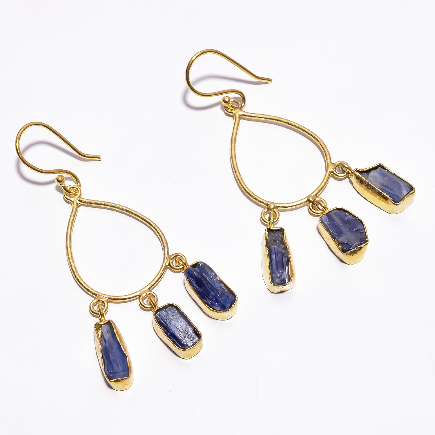 18K Gold Plated Earrings Natural Rough Blue Kyanite Gemstone Hook Earrings