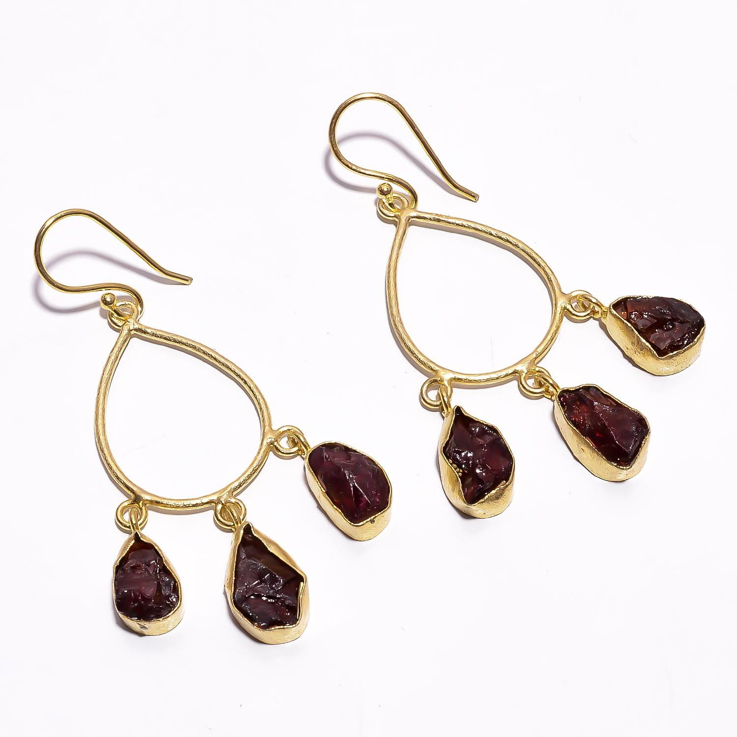 18K Gold Plated Earrings Natural Rough Garnet Gemstone Hook Earrings