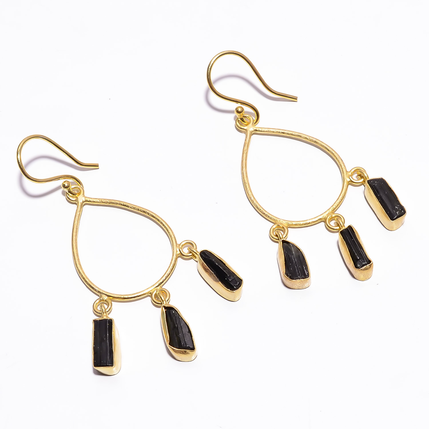18K Gold Plated Earrings Natural Rough Black Tourmaline Gemstone Hook Earrings