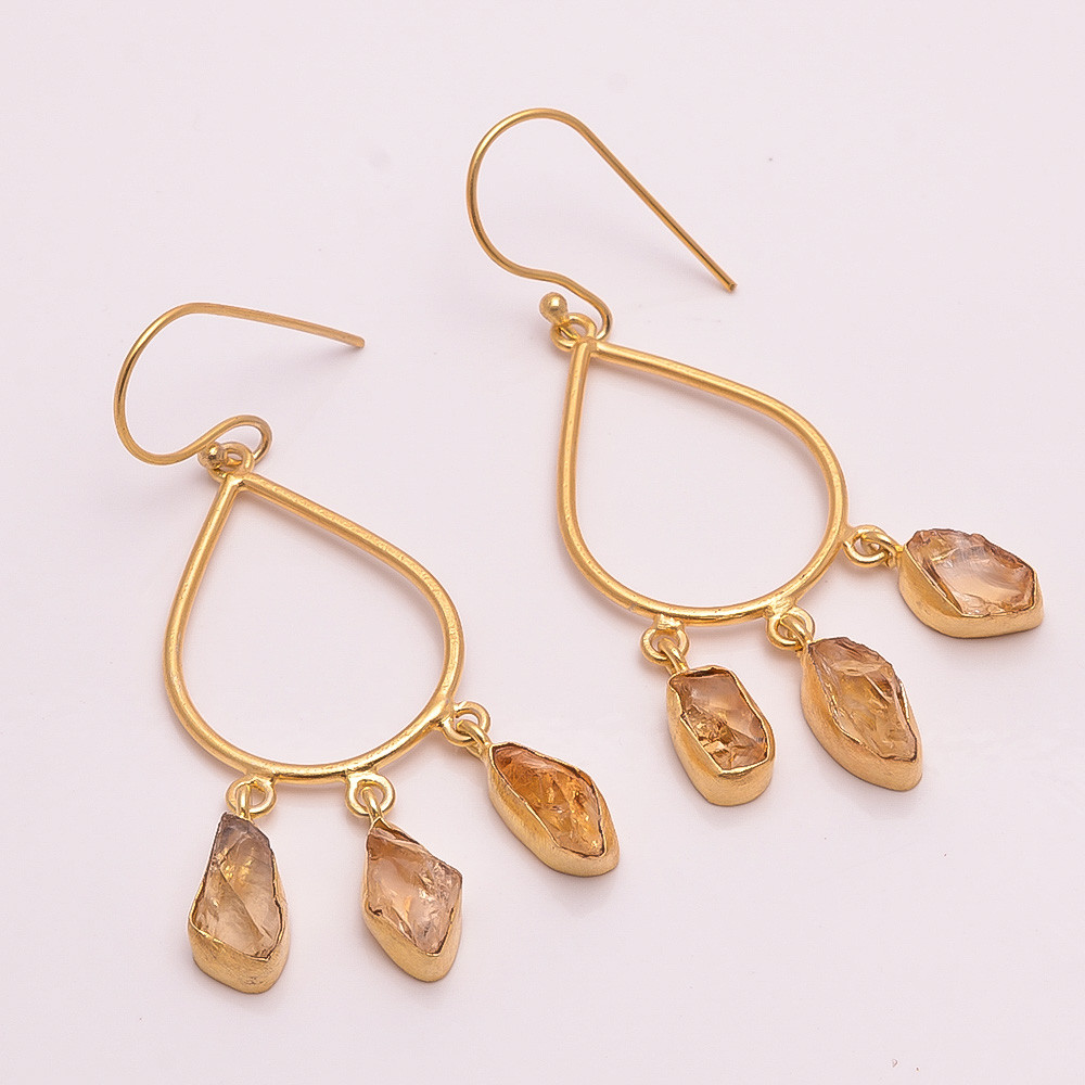 18K Gold Plated Earrings Natural Rough Citrine Gemstone Hook Earrings