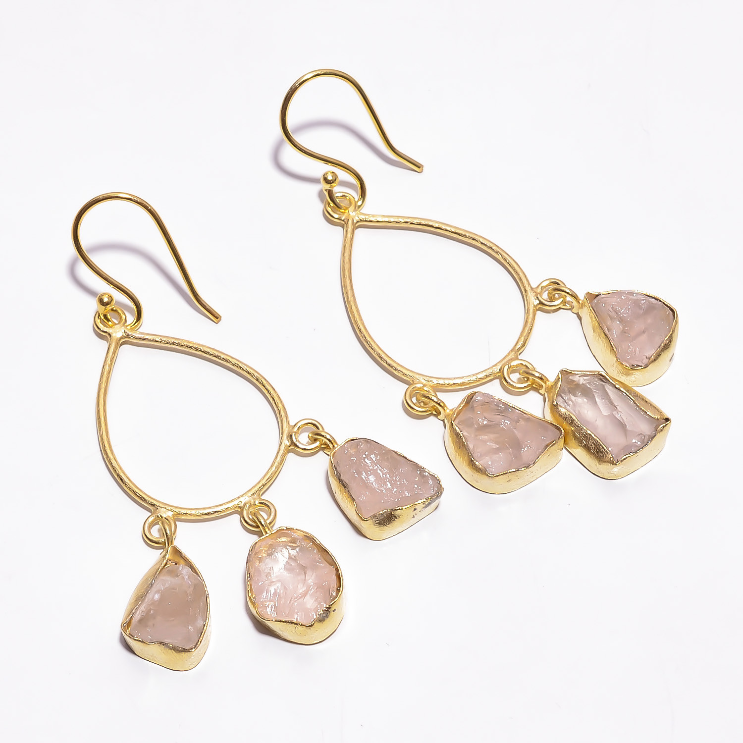 18K Gold Plated Earrings Natural Rough Rose Quartz Gemstone Hook Earrings