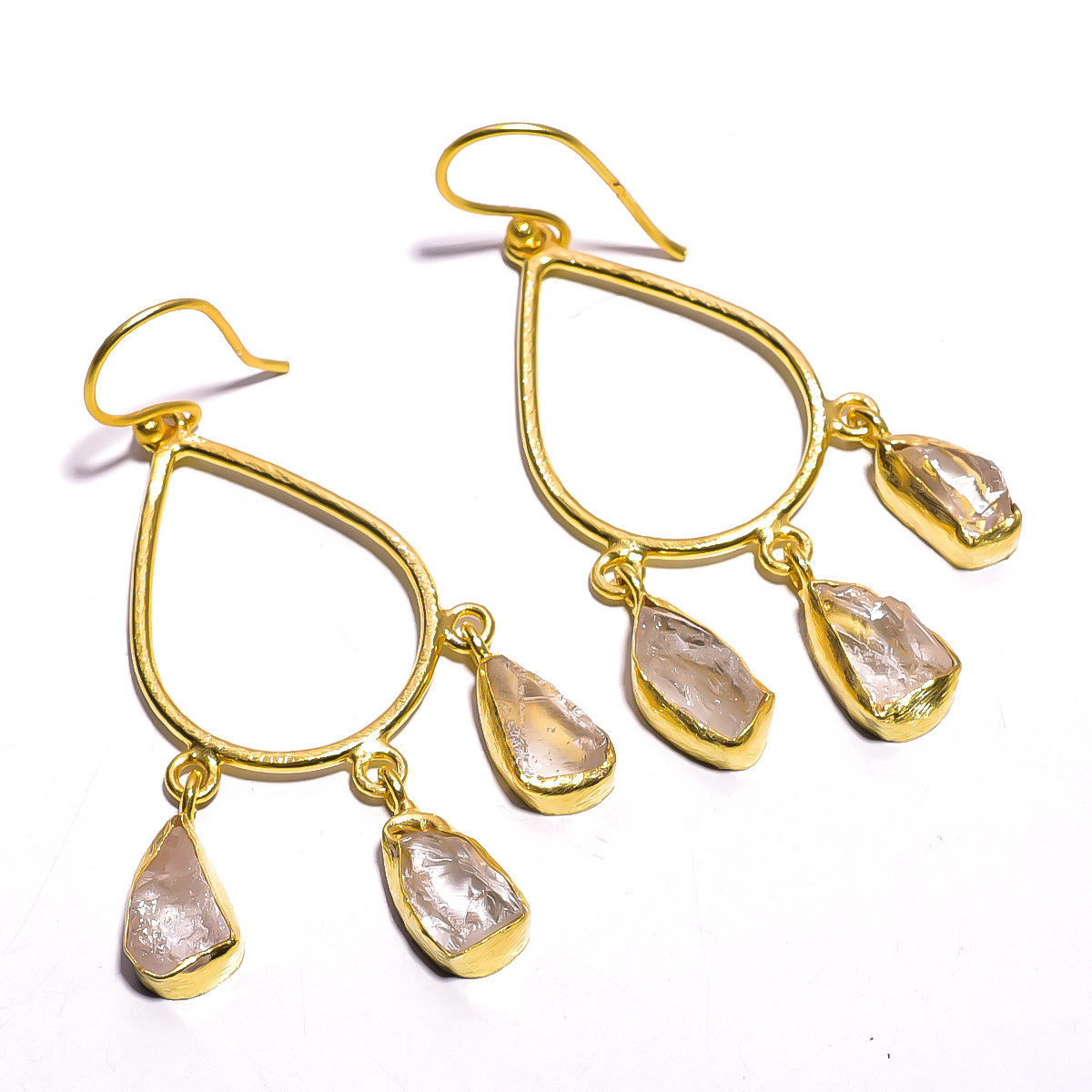18K Gold Plated Earrings Natural Rough Crystal Gemstone Hook Earrings