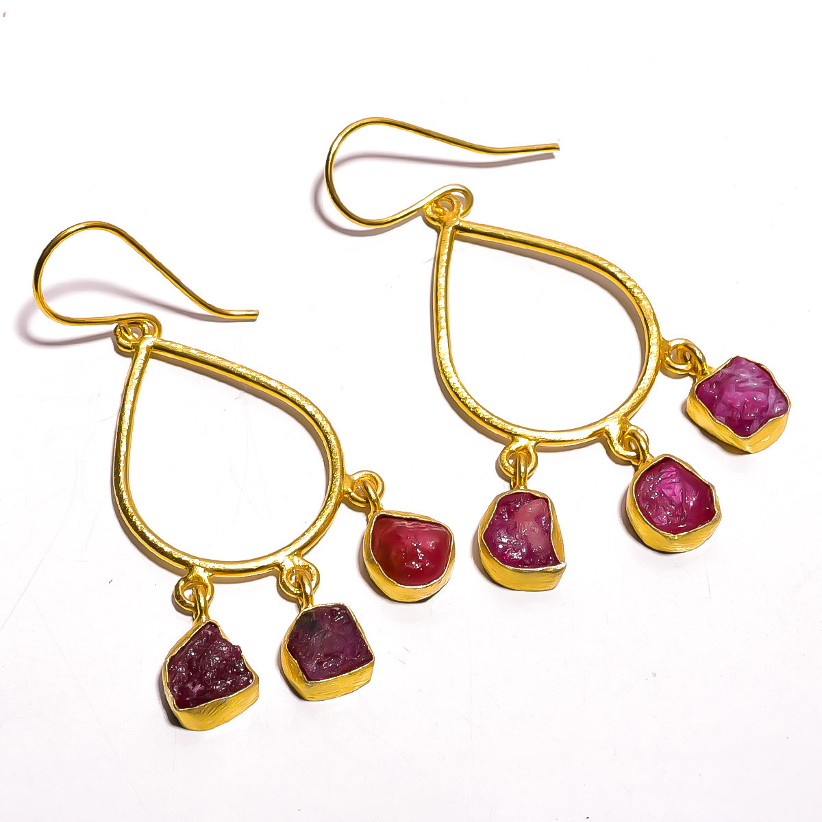 18K Gold Plated Earrings Natural Rough Ruby Gemstone Drop Earrings