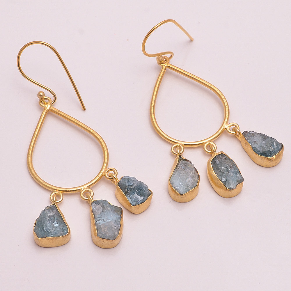 18K Gold Plated Earrings Natural Rough Aquamarine Gemstone Hook Earrings