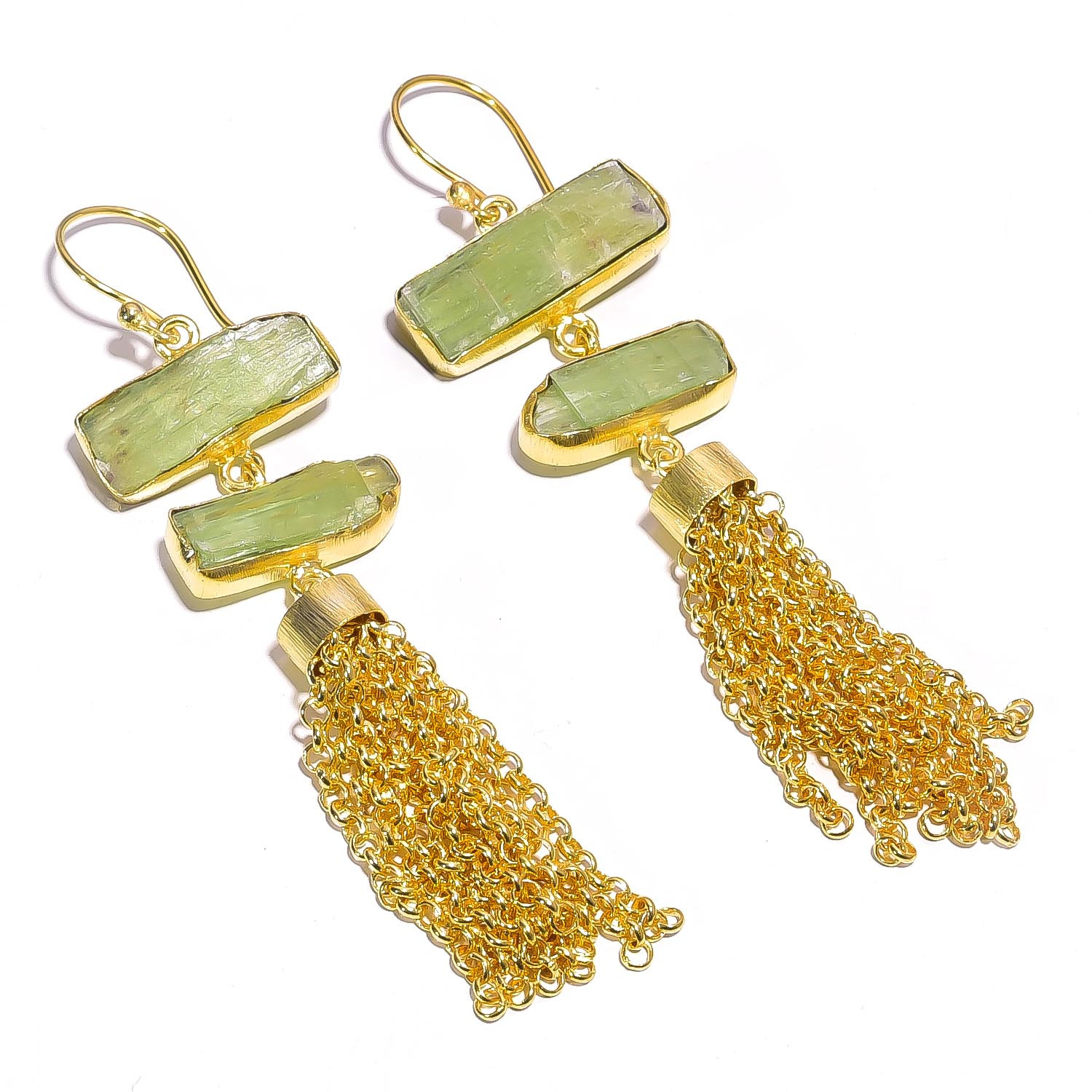 18K Gold Plated Earrings Natural Rough Green kyanite Gemstone Hook Earrings