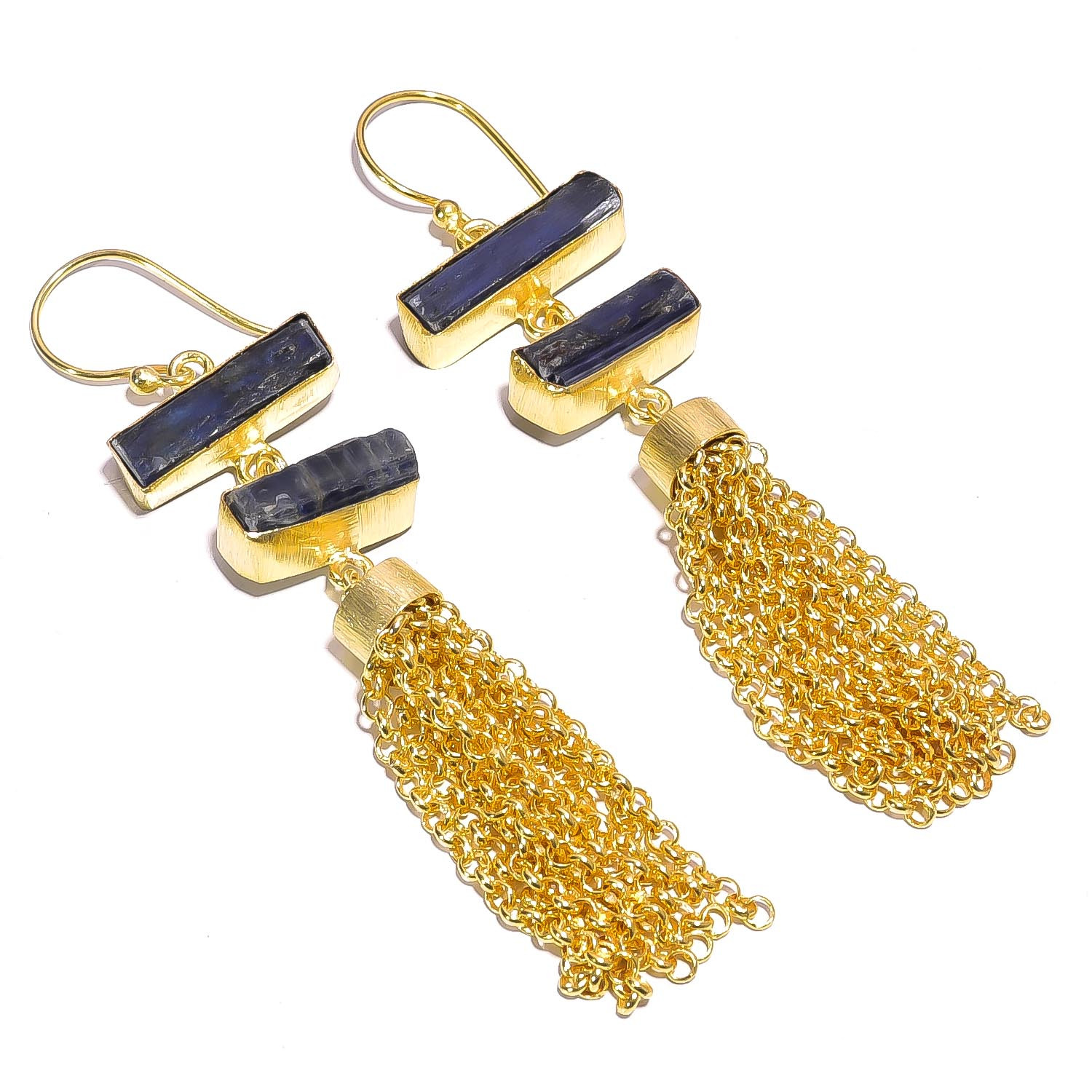 18K Gold Plated Earrings Natural Rough Blue Kyanite Gemstone Hook Earrings