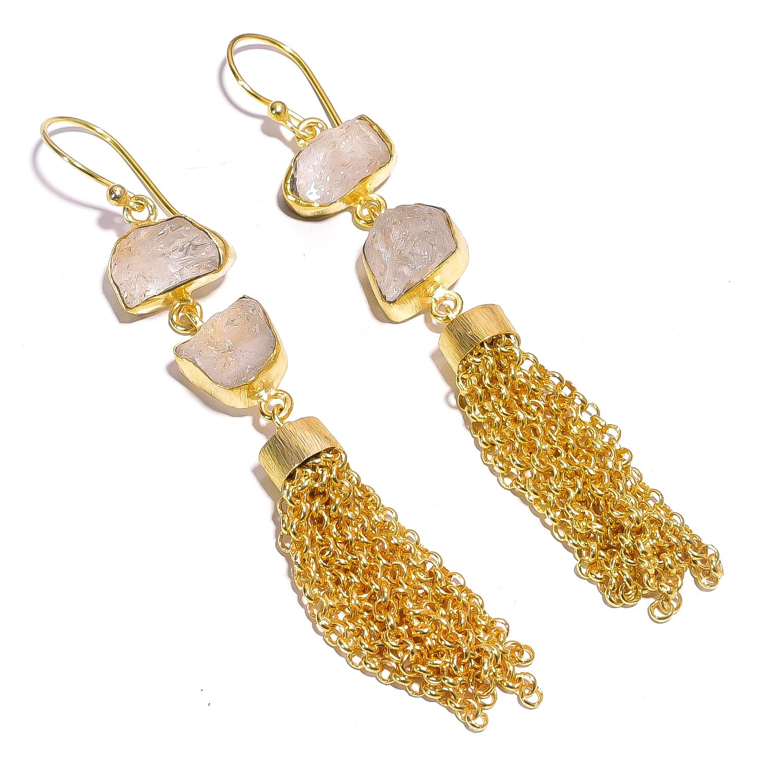 18K Gold Plated Earrings Natural Rough Rose Quartz Gemstone Hook Earrings