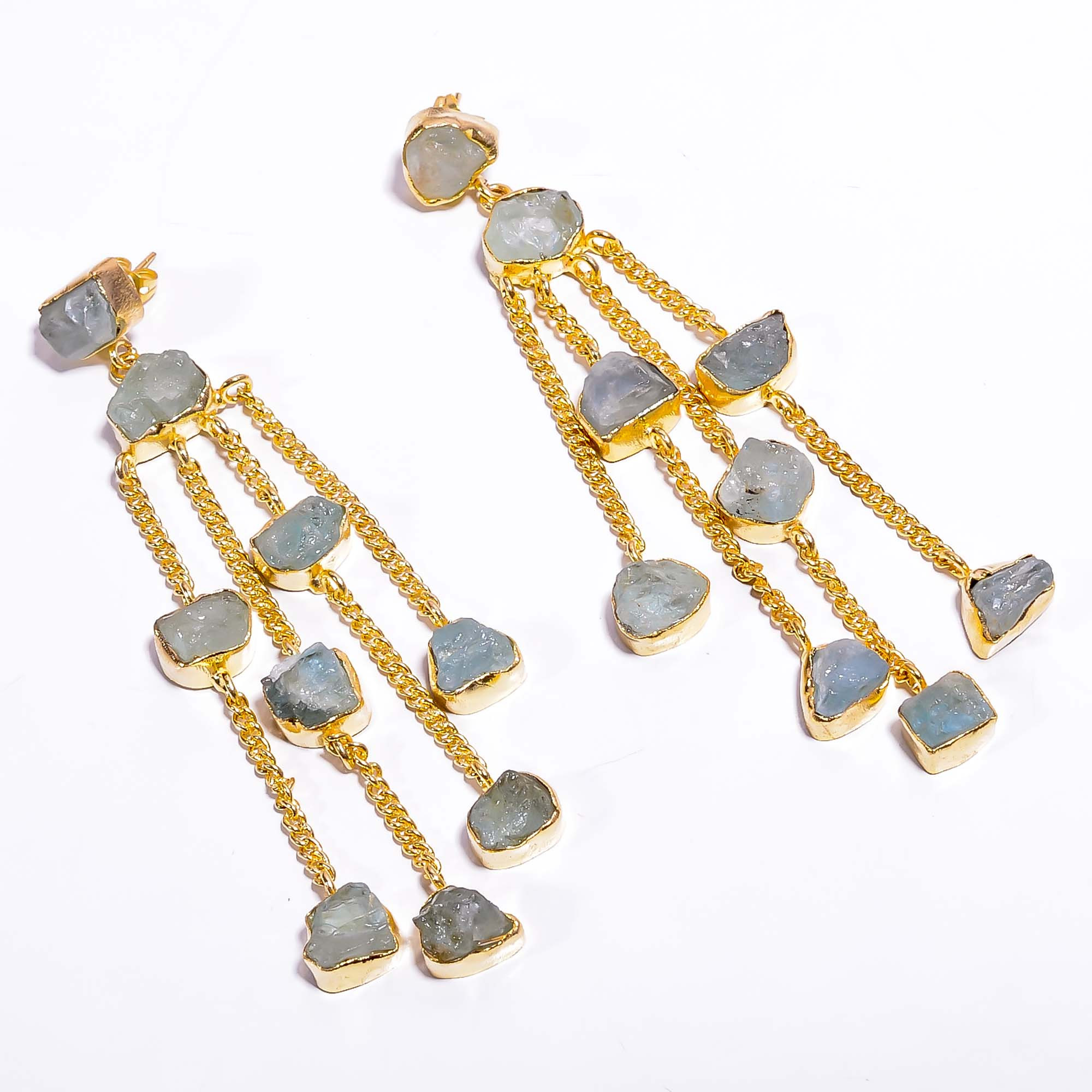 18K Gold Plated Earrings Natural Rough Aquamarine Gemstone Earrings