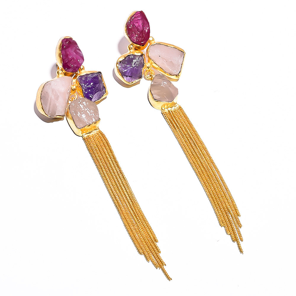 18K Gold Plated Tassel Earrings Natural Rough Multi Gemstone Earrings
