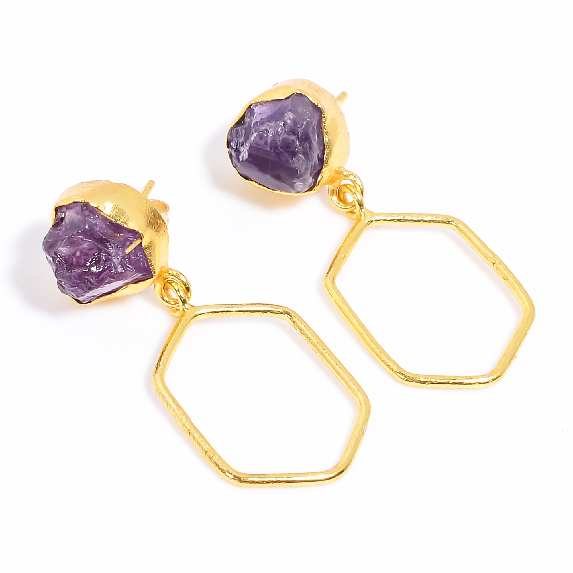 18K Gold Plated Earrings Natural Rough Amethyst Gemstone Earrings