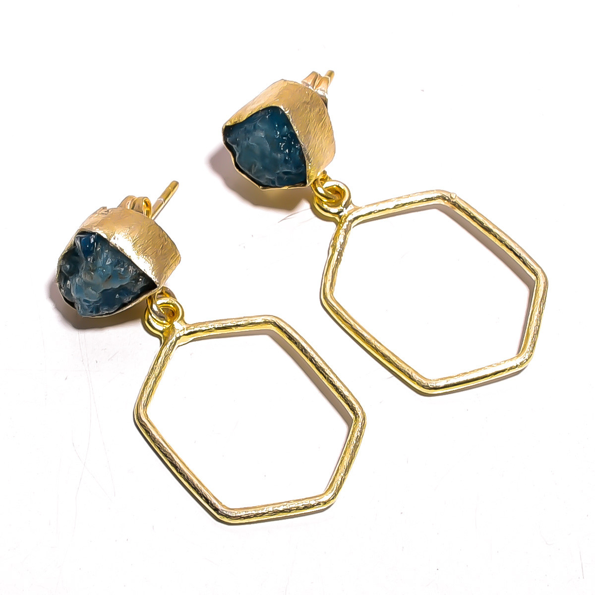 18K Gold Plated Earrings Natural Rough Neon Apatite Gemstone Earrings