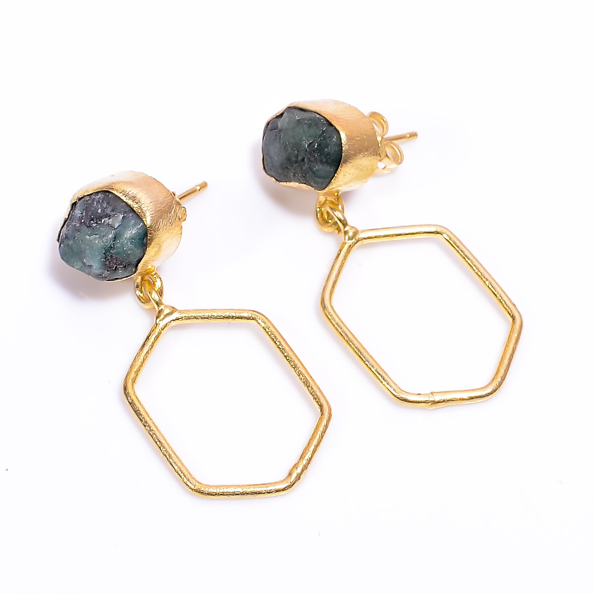 18K Gold Plated Earrings Natural Rough Emerald Gemstone Earrings