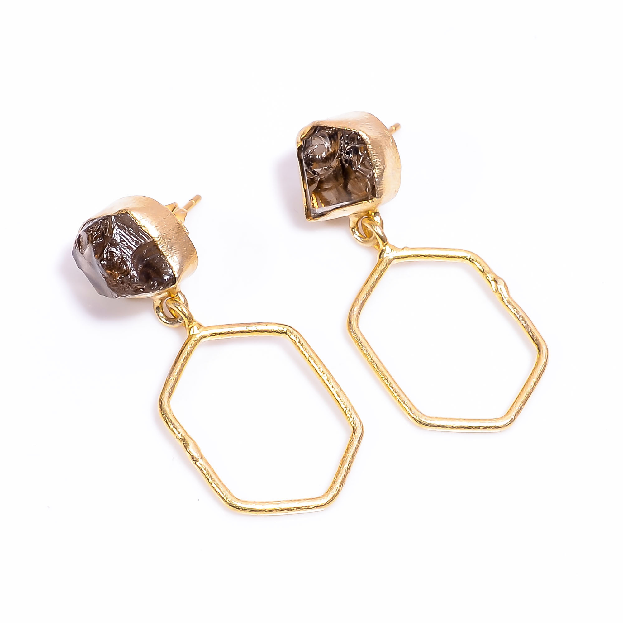 18K Gold Plated Earrings Natural Rough Smoky Gemstone Earrings