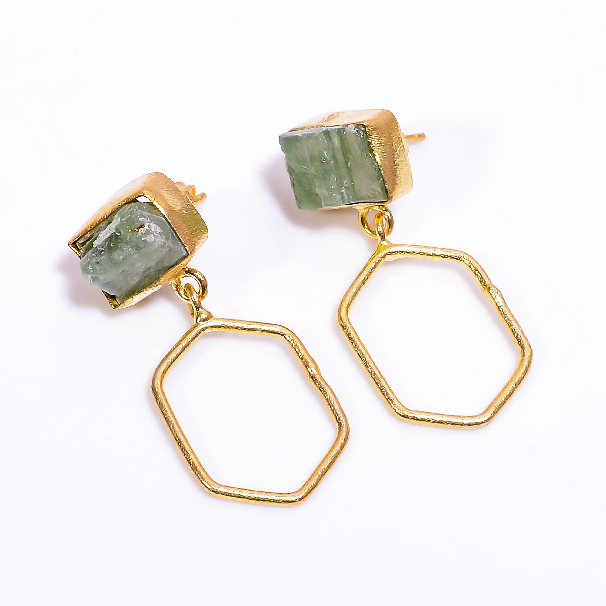 18K Gold Plated Earrings Natural Rough Green kyanite Gemstone Earrings