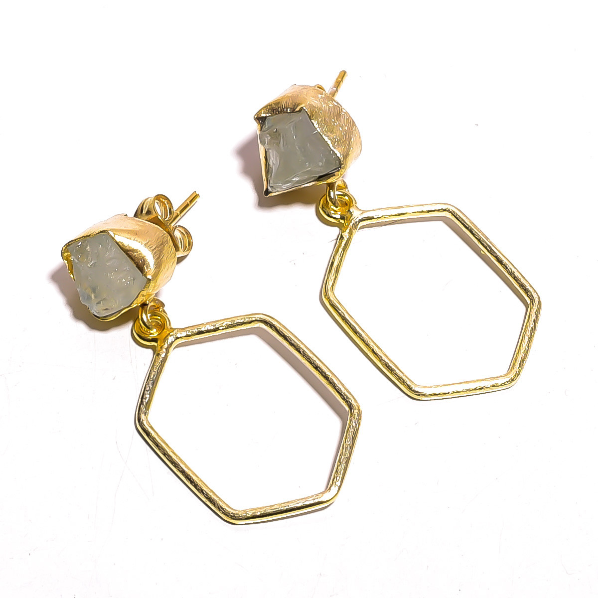 18K Gold Plated Earrings Natural Rough Aquamarine Gemstone Earrings