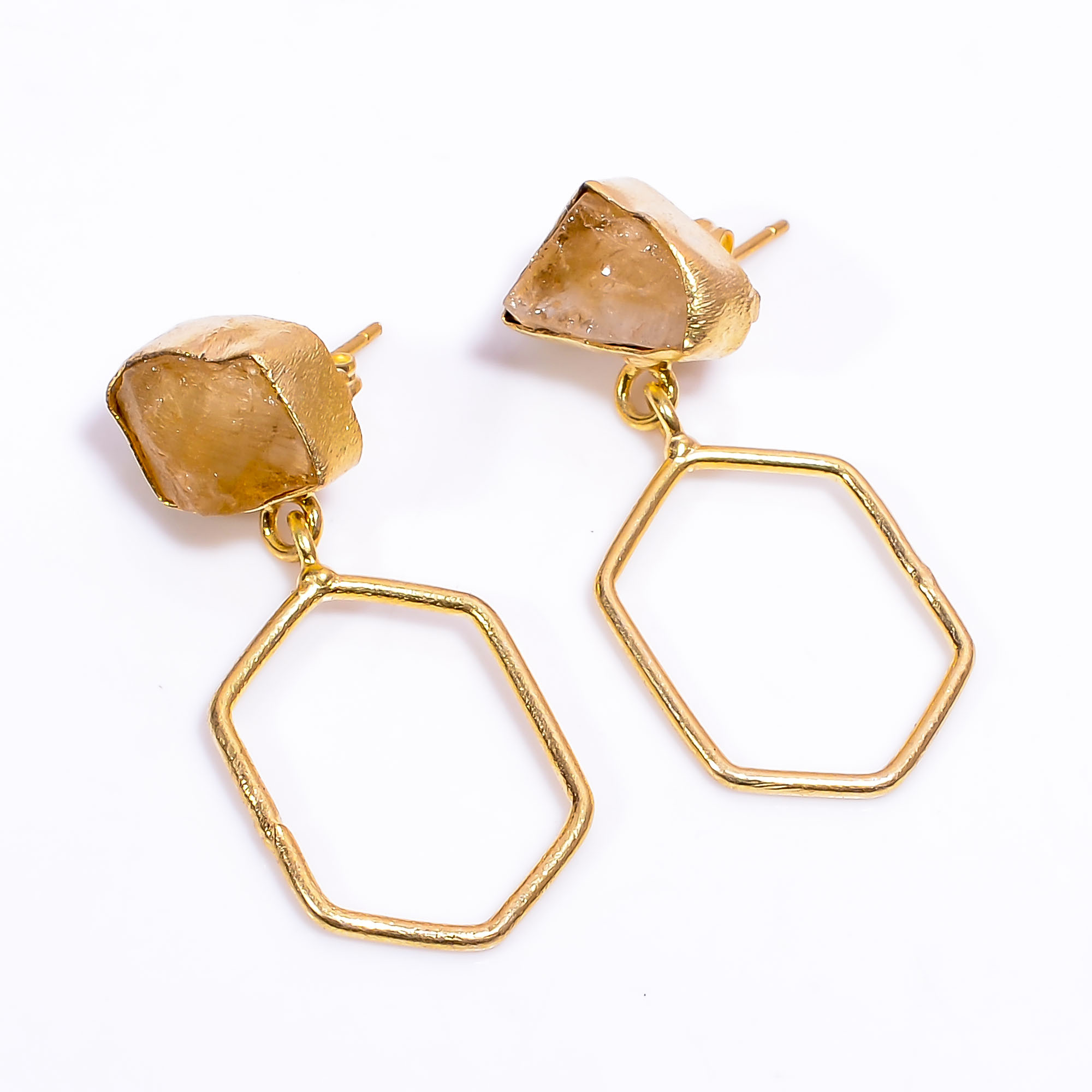 18K Gold Plated Earrings Natural Rough Citrine Gemstone Earrings