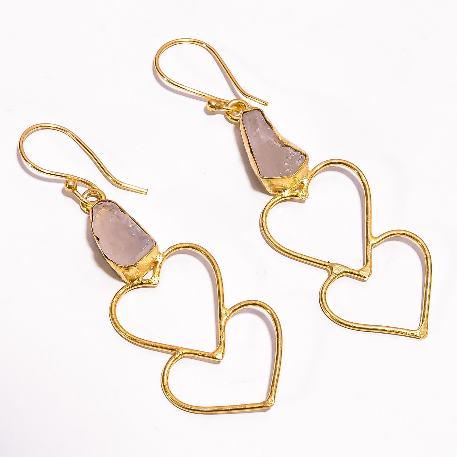 18K Gold Plated Earrings Natural Rough Rose Quartz Gemstone Earrings