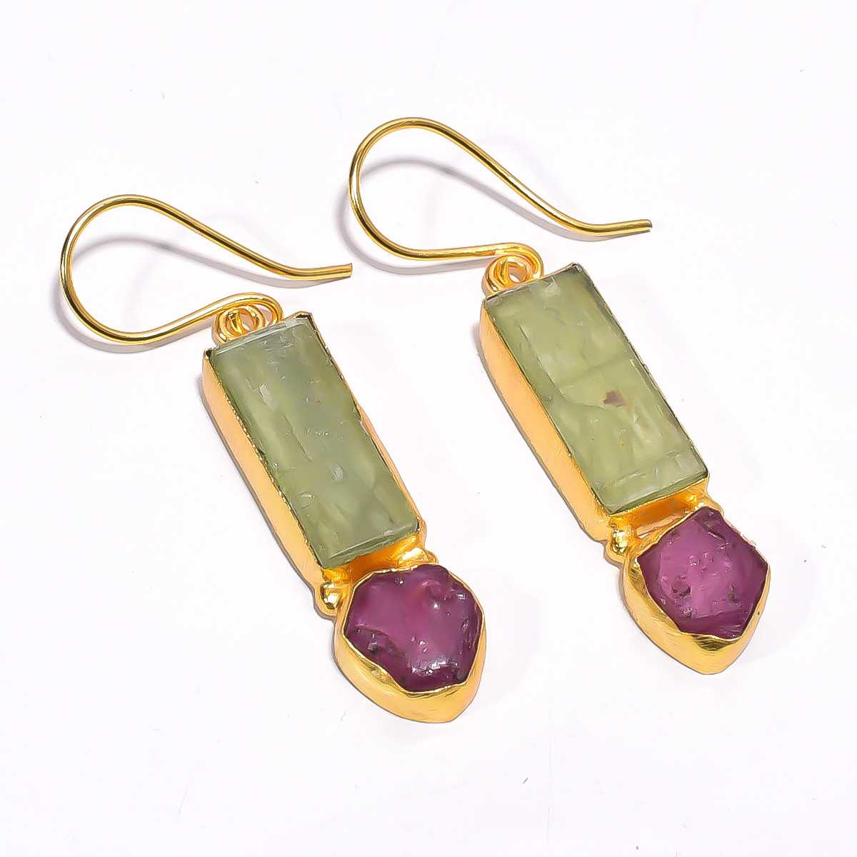 18K Gold Plated Earrings Natural Rough Green kyanite Ruby Gemstone Earrings