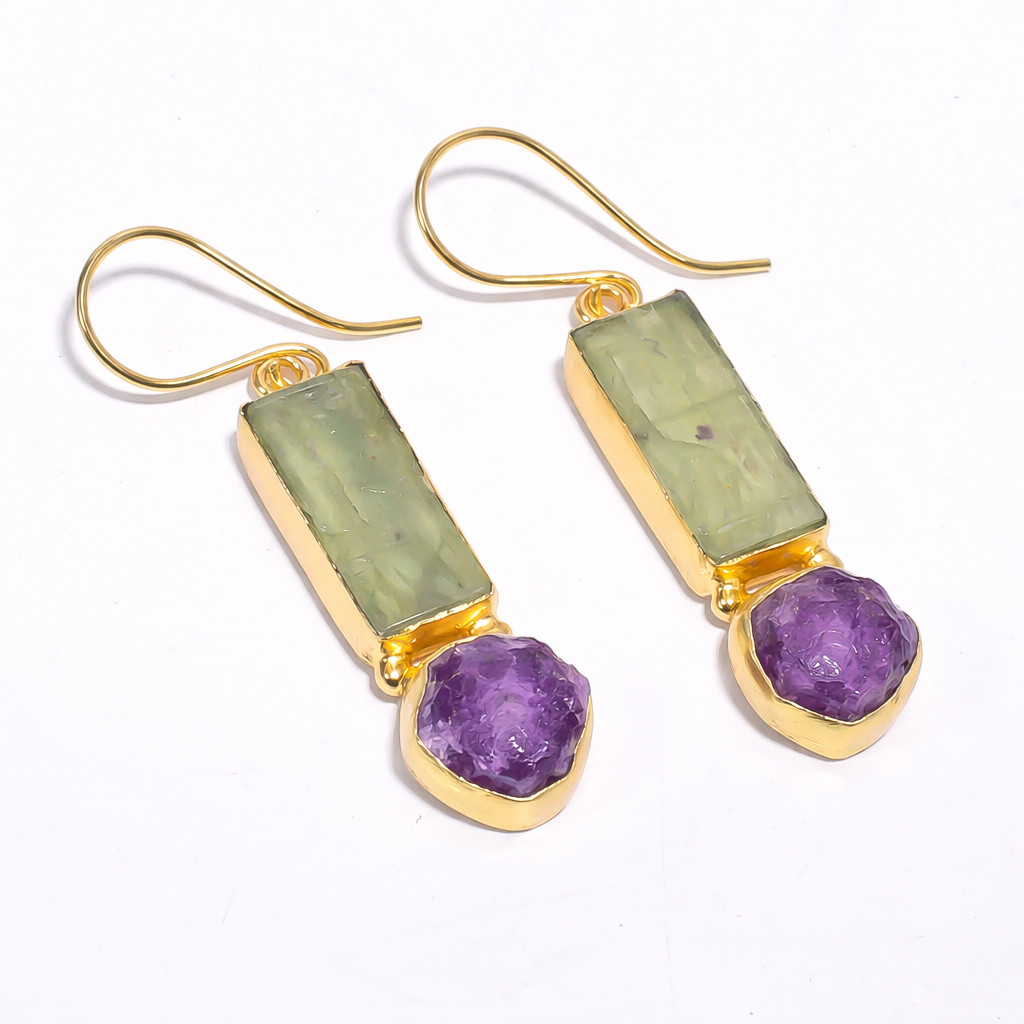 18K Gold Plated Earrings Natural Rough Green kyanite Amethyst Gemstone Earrings