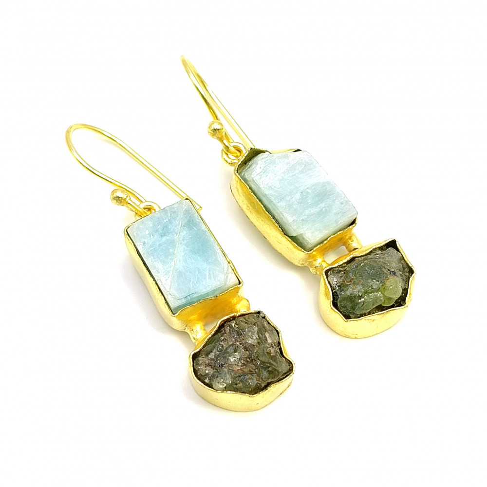 Image of 18K Gold Plated Earrings Natural Raw Amazonite Peridot Gemstone Earrings