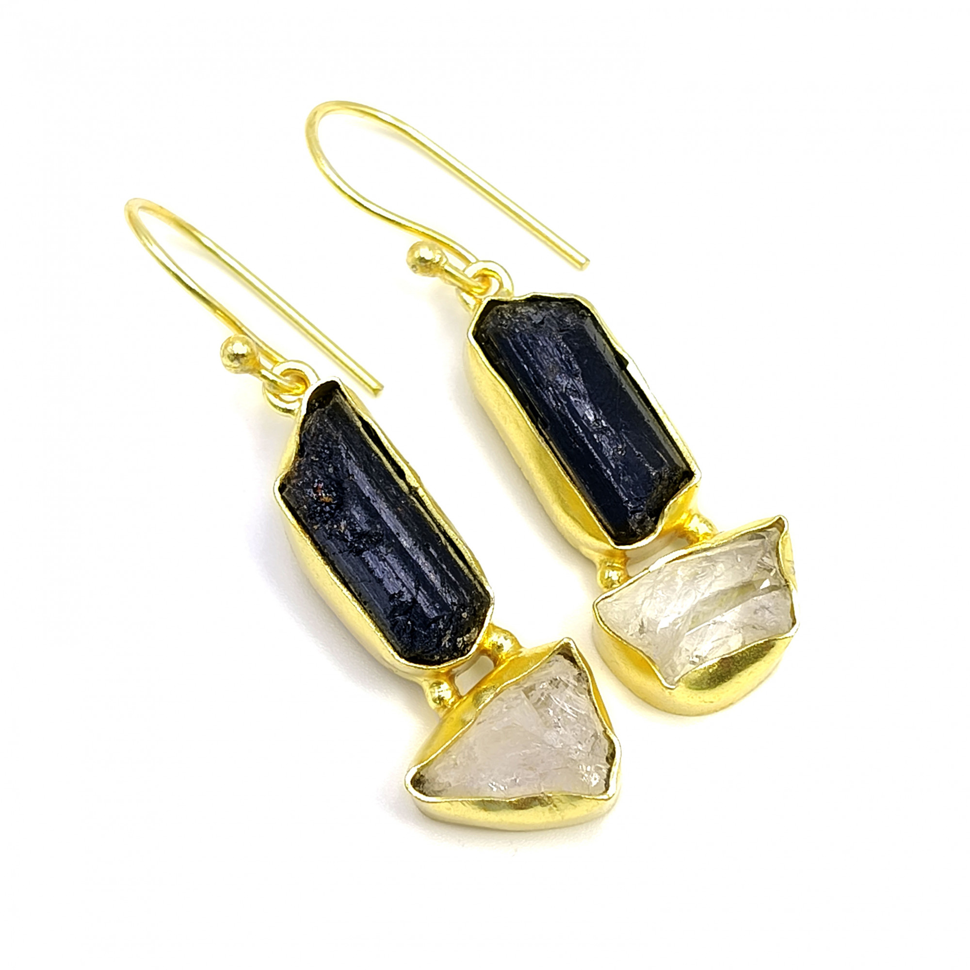 18K Gold Plated Earrings Natural Raw Black Tourmaline Crystal Gemstone Earrings