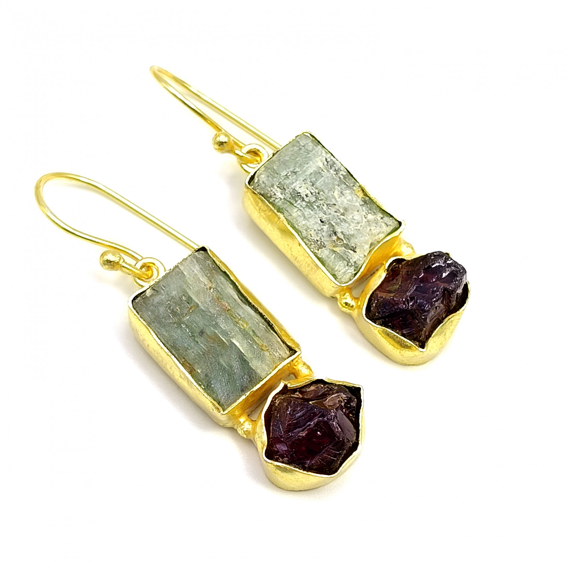 18K Gold Plated Earrings Natural Raw Green Kyanite Garnet Gemstone Earrings