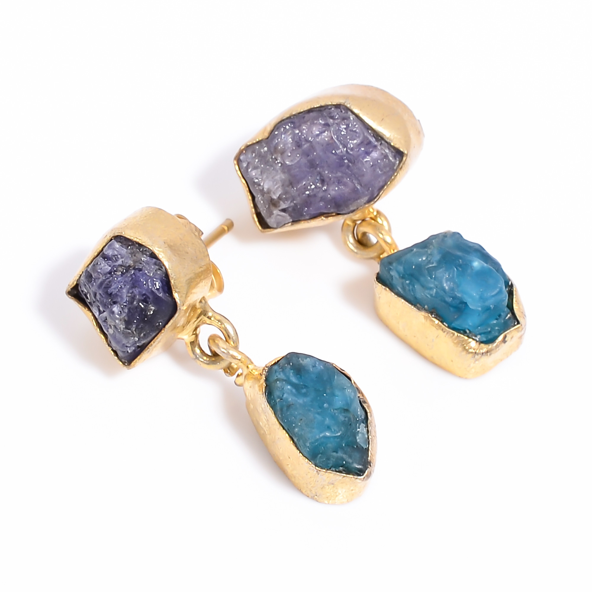 18K Gold Plated Brass Earrings Natural Rough Neon Apatite Tanzanite Gemstone Earrings