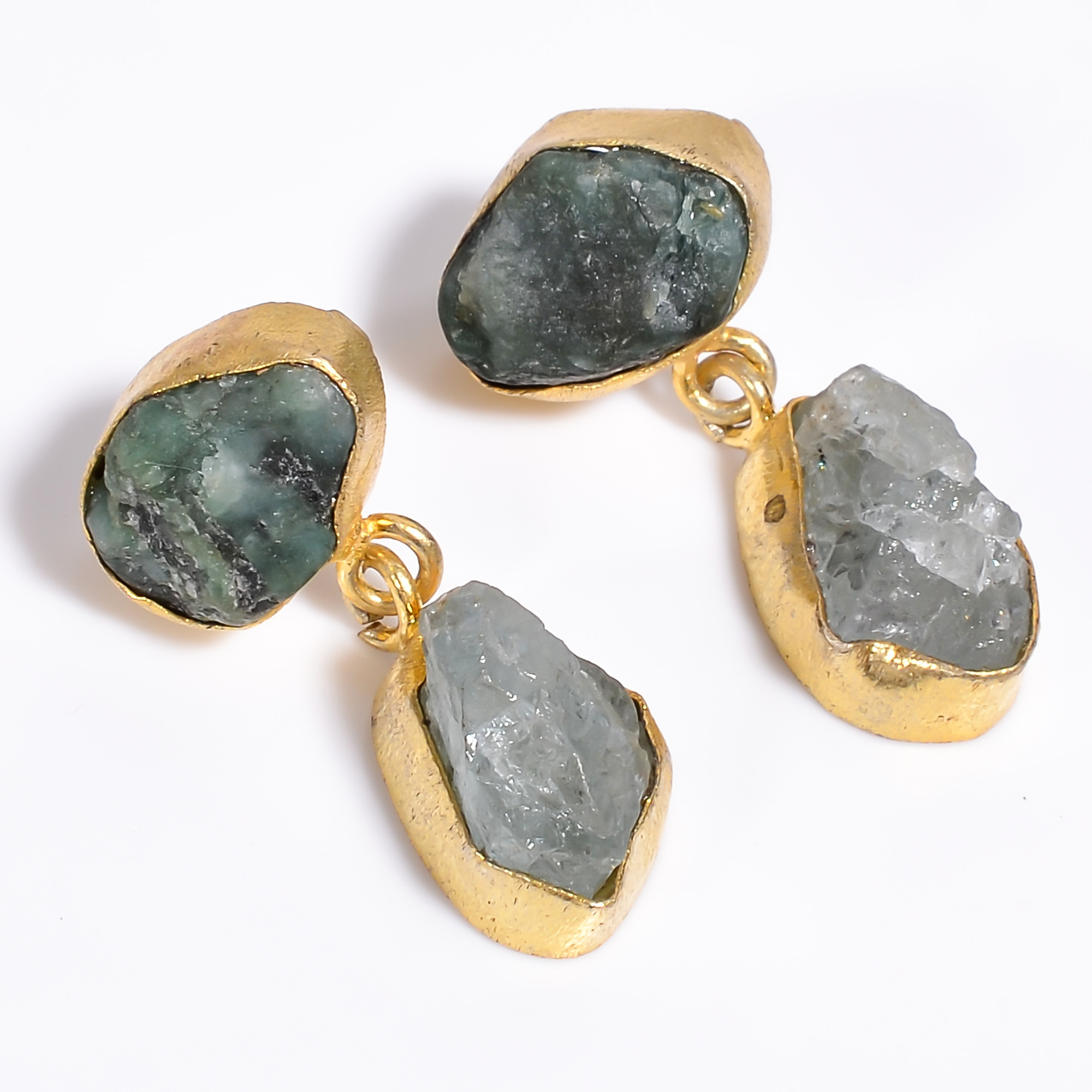 18K Gold Plated Brass Earrings Natural Rough Emerald Aquamarine Gemstone Earrings