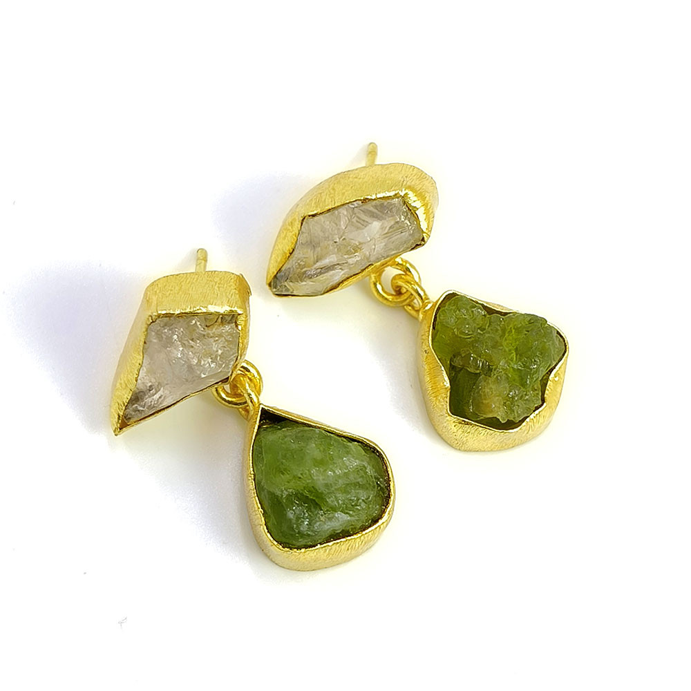 18K Gold Plated Earrings Natural Raw Crystal Peridot Gemstone Earrings