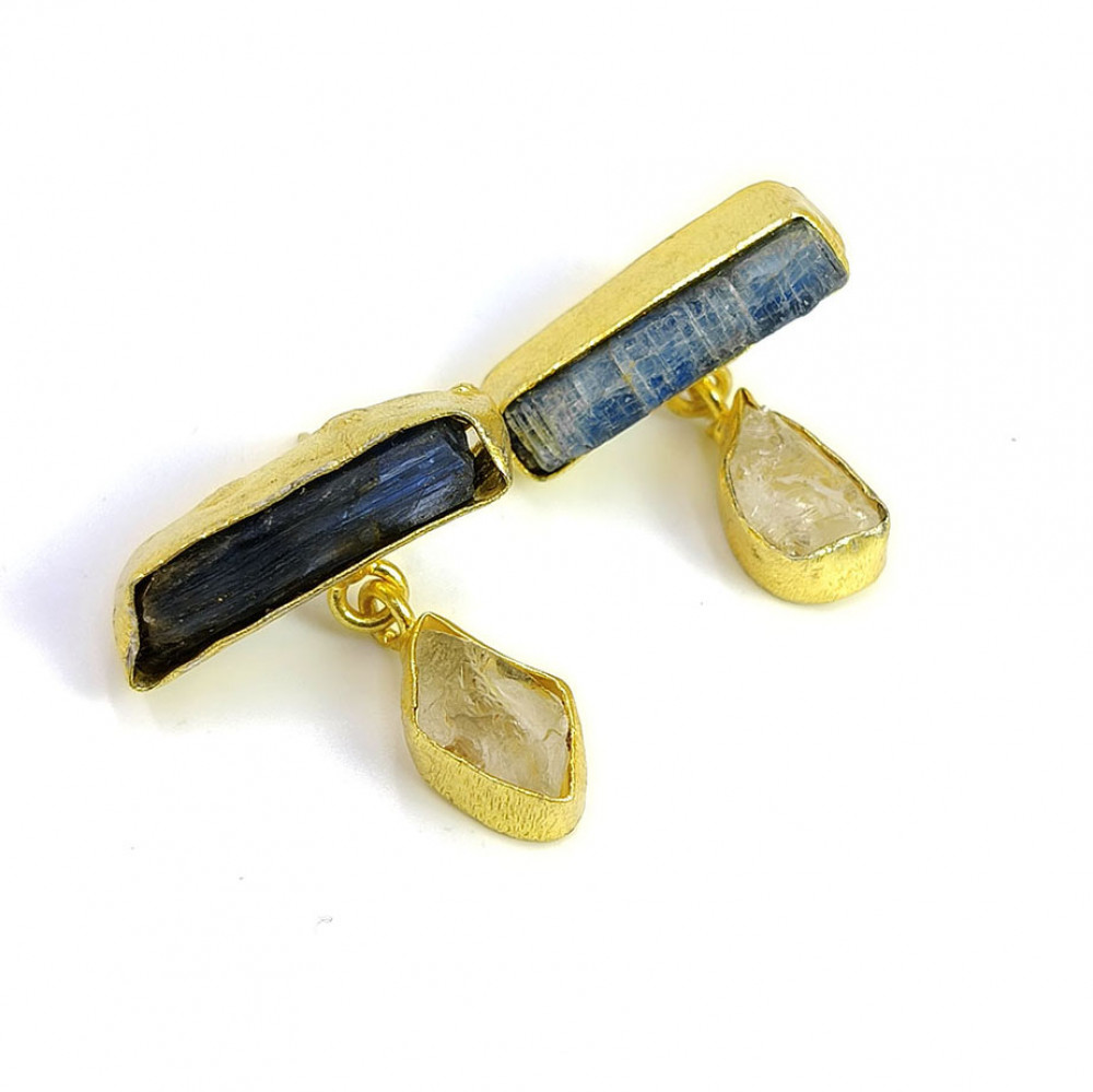 Image of Natural Raw Blue Kyanite Crystal Gemstone 18K Gold Plated Earrings