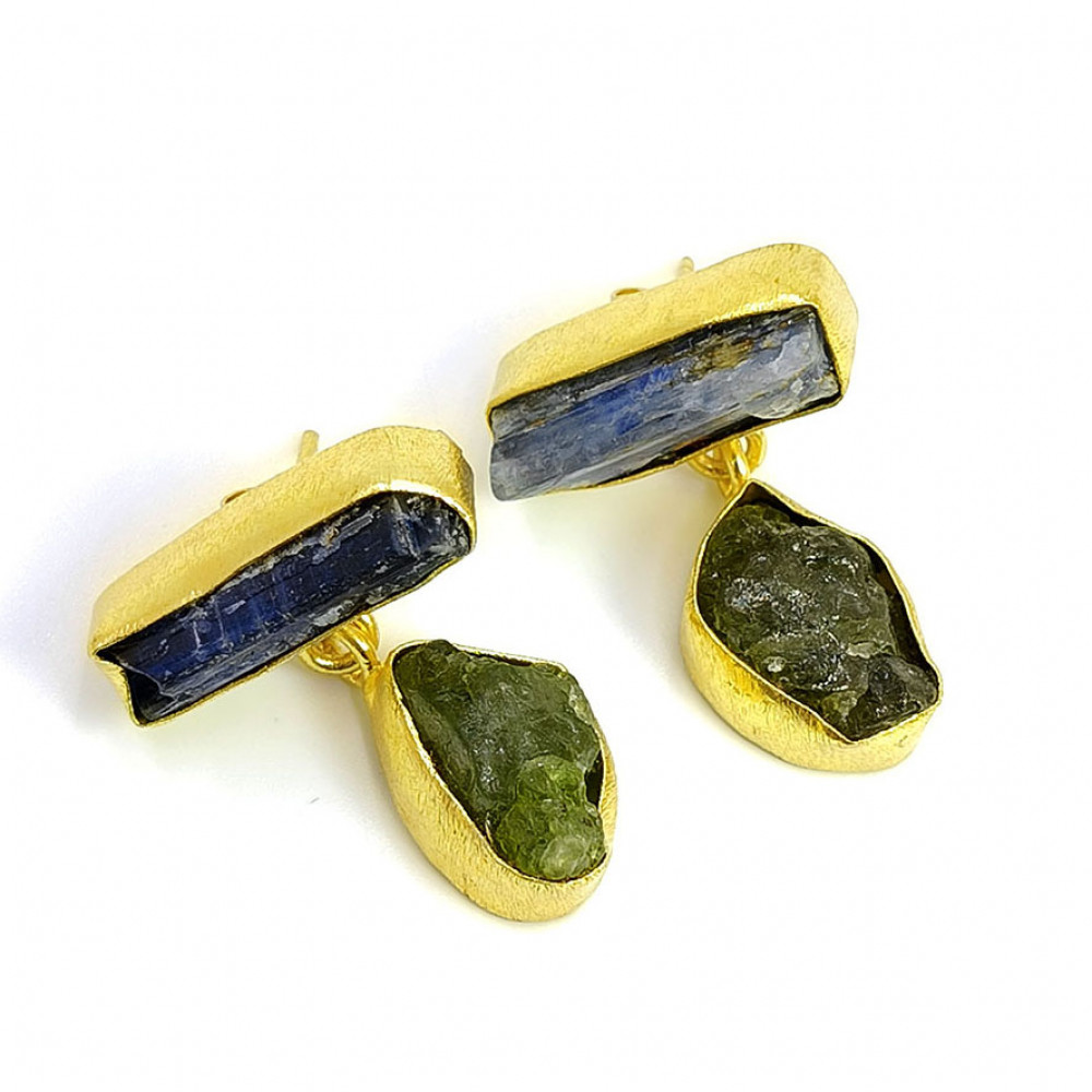 Image of Natural Raw Blue Kyanite Peridot Gemstone 18K Gold Plated Earrings