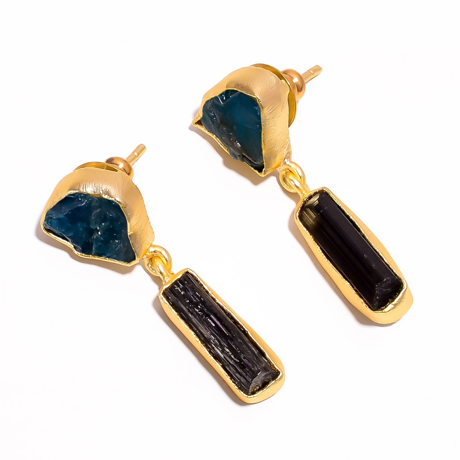 Natural Raw Neon Apatite Black Tourmaline Gemstone 18K Gold Plated Earrings