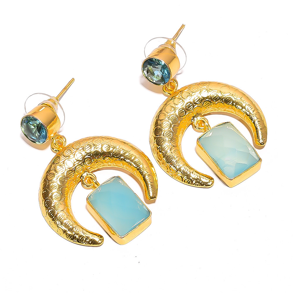 18K Gold Plated Earrings Natural Rough Chlacedony Blue Topaz Gemstone Earrings