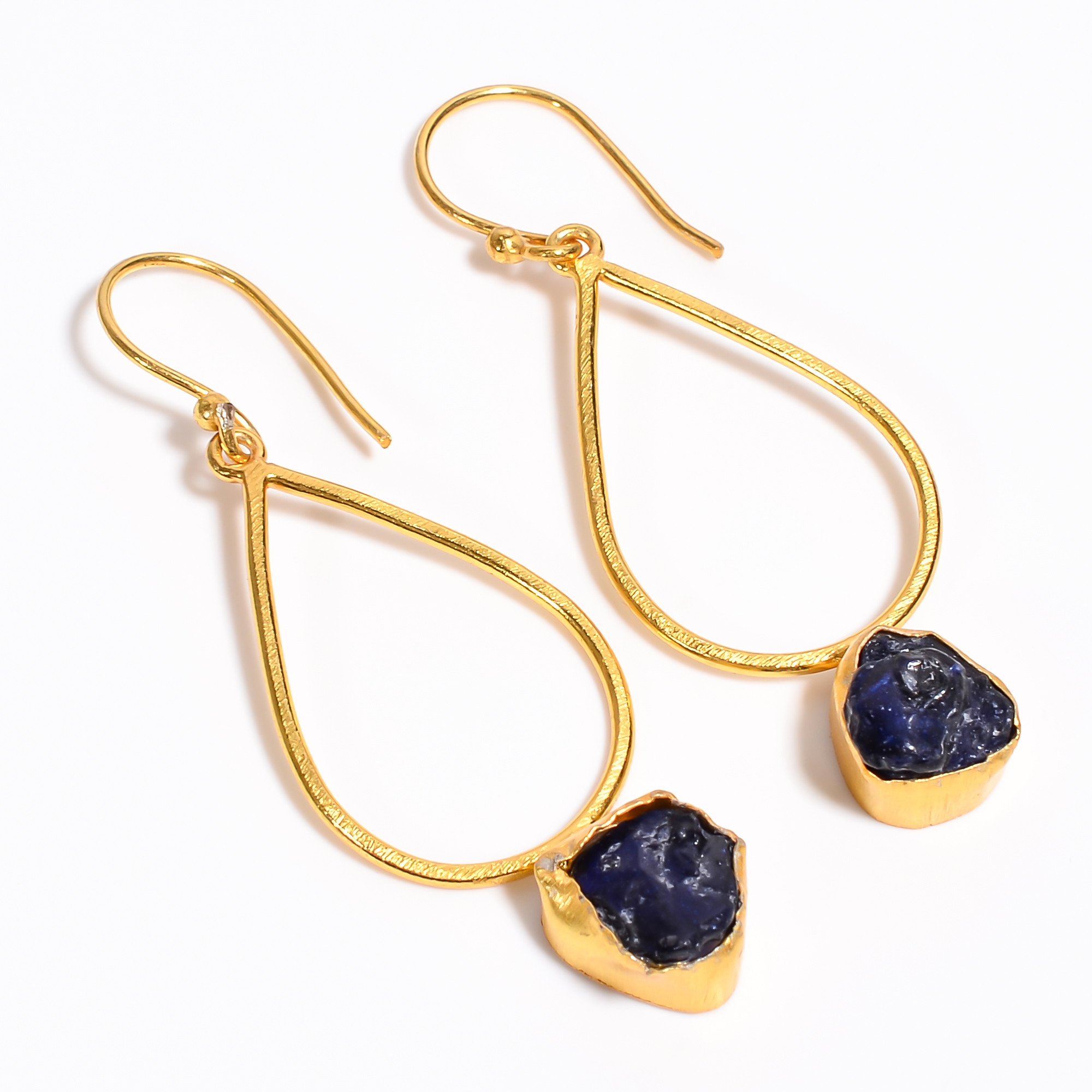 18K Gold Plated Earrings Natural Rough Blue Sapphire Gemstone Earrings