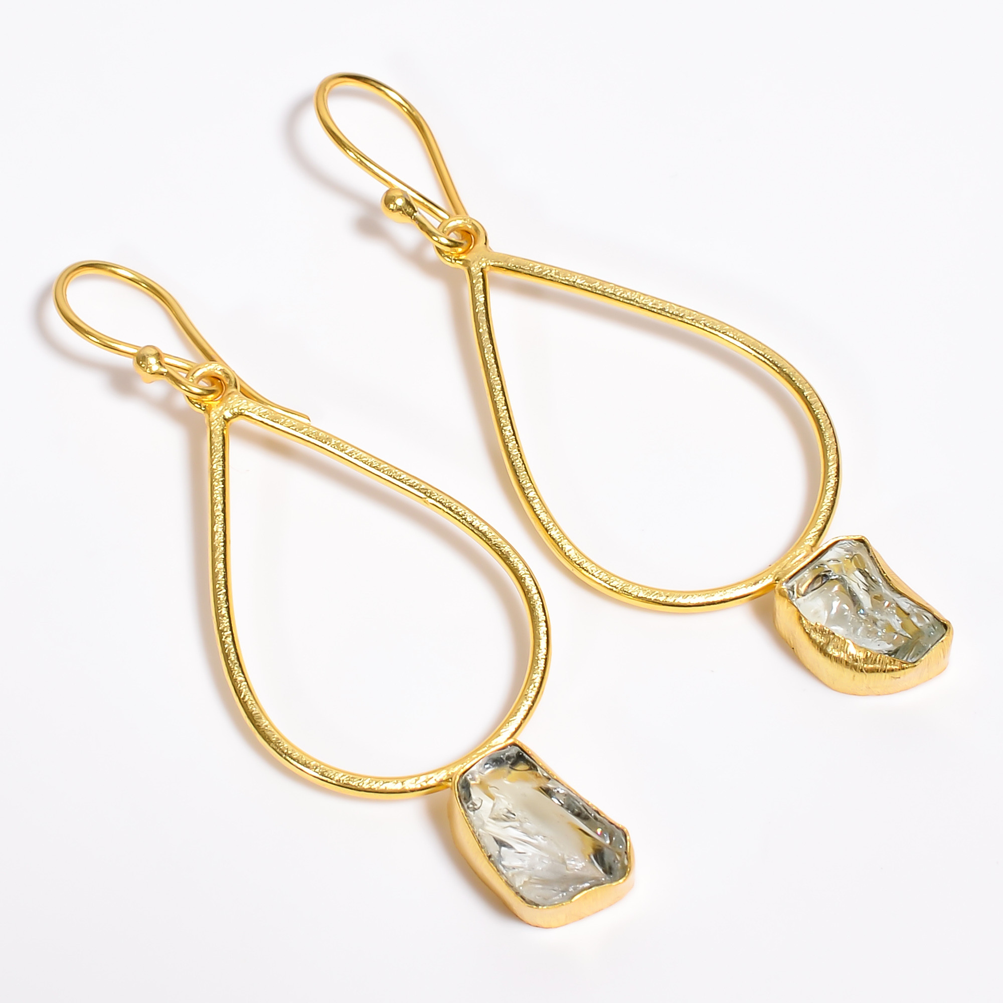 18K Gold Plated Earrings Natural Rough Aquamarine Gemstone Earrings