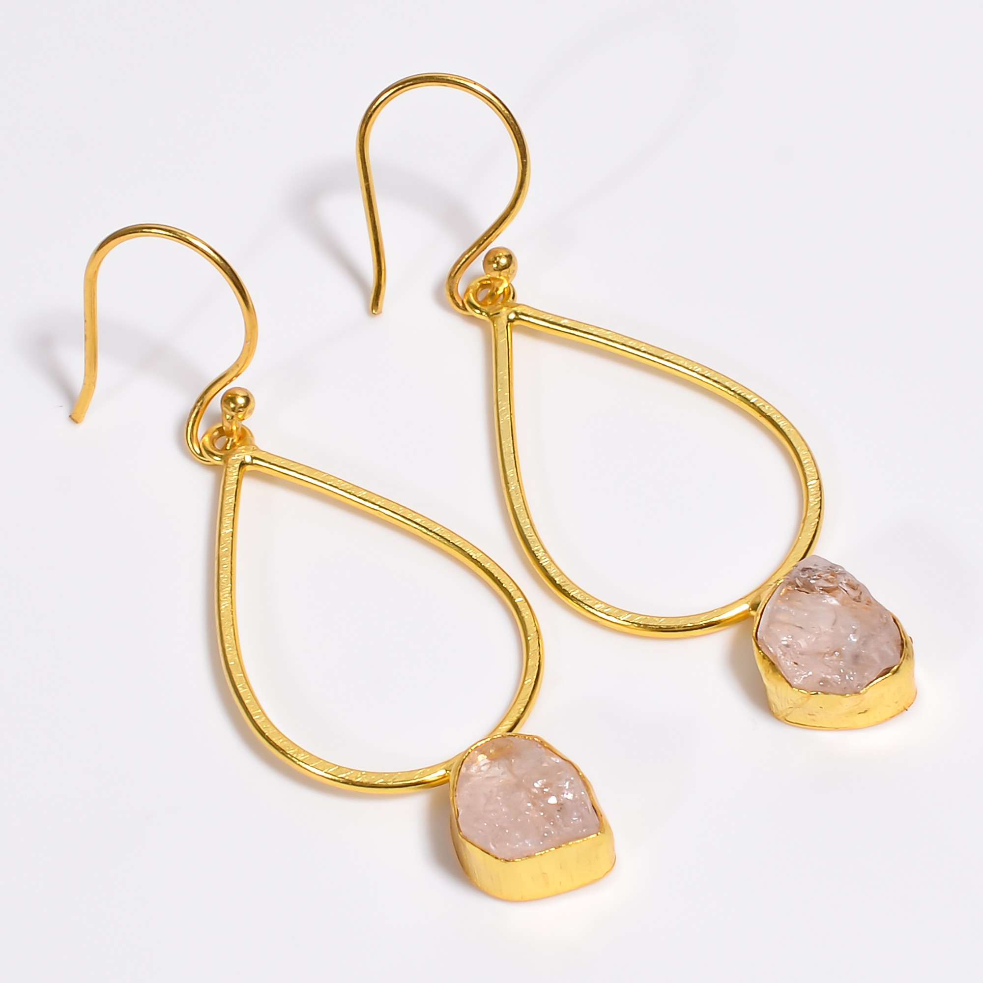 18K Gold Plated Earrings Natural Rough Rose Quratz Gemstone Earrings