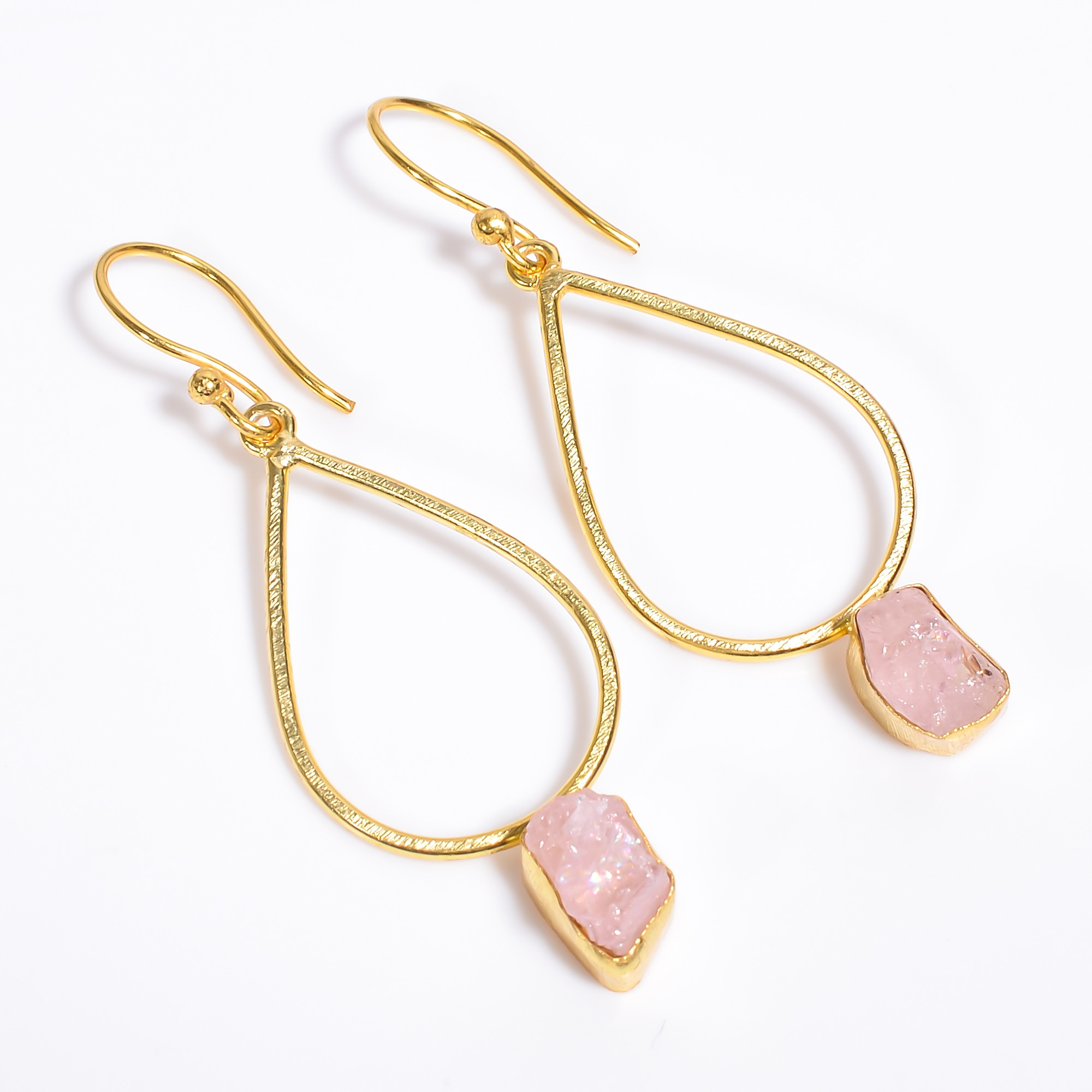 18K Gold Plated Earrings Natural Rough Morganite Gemstone Earrings