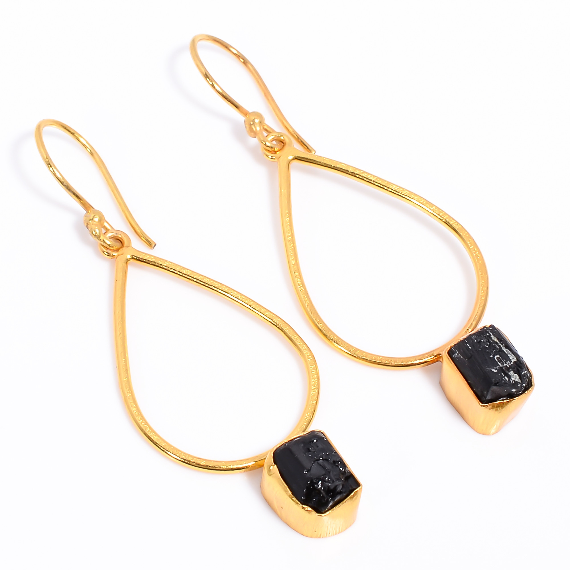 18K Gold Plated Earrings Natural Rough Black Tourmaline Gemstone Earrings