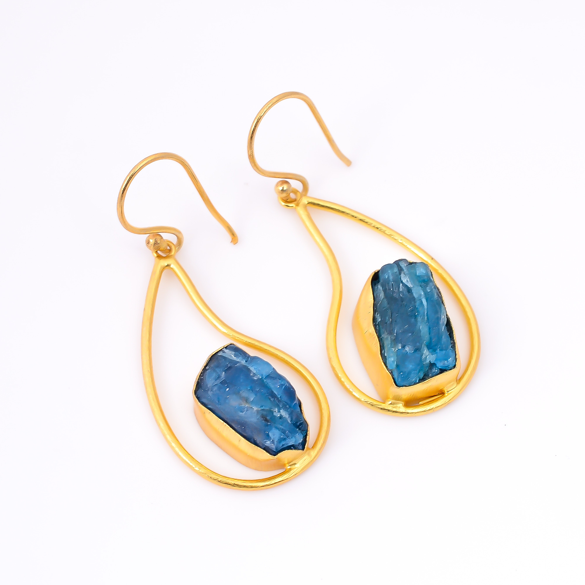 18K Gold Plated Earrings Natural Rough Neon Apatite Gemstone Earrings